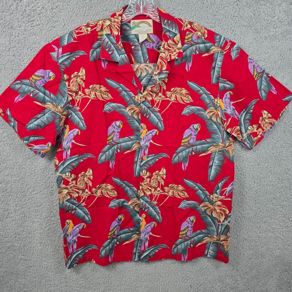 VTG 80s Paradise Found Men's Aloha Hawaiian Shirt Red Parrots Magnum PI Size L